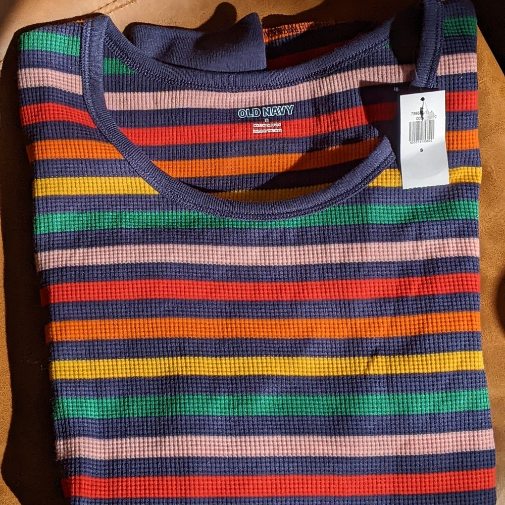 Waffle knit, multicolor striped long sleeve tee, size Small